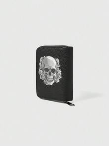 ROMWE Gothic Skull And Floral Print Wallet Multifunctional Card Holder Zipper Coin Purse Unique Gift For Independence Day & Halloween For Men Wallet Mini Wallet Purse Wallet Card Wallet - View 2