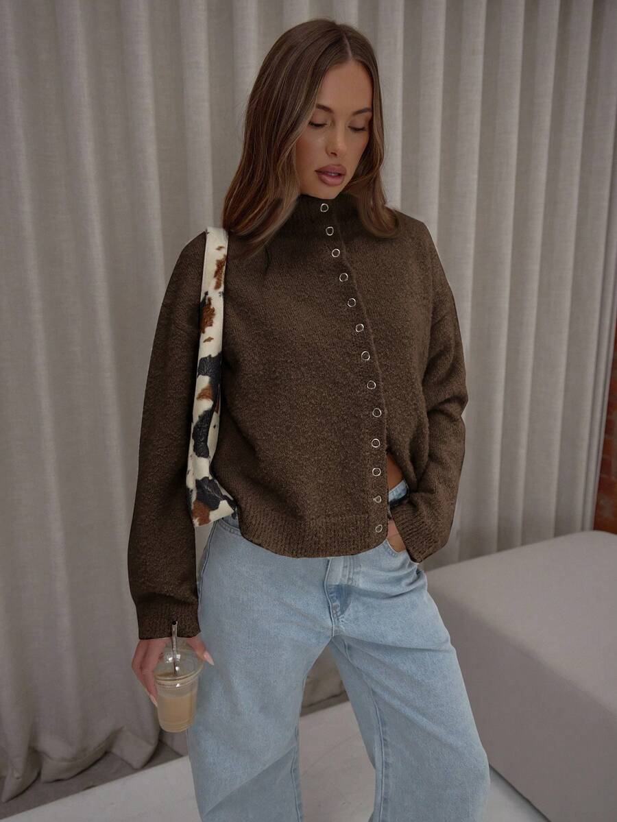 MUSERA Cárdigan de punto esponjoso de cuello de embudo de manga larga, elegante, lindo, sexy, ropa de calle, salida nocturna, fiesta de invierno, noche elegante, suéter de - Marrón - Ver 1