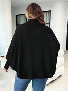 SHEIN CURVE+ Plus Size Solid Color Turtleneck Loose Knit Poncho Sweater In Fall/Winter - Black - View 2