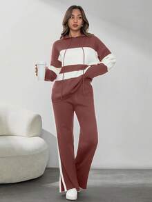 SHEIN Tall Two Tone Drop Shoulder Drawstring Hooded Sweater & Split Hem Knit Pants - Dusty Pink - View 6