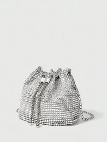 Lightweight, Business Casual Rhinestone Decor Bucket Bag Mini Drawstring Design, Clear Bag Faux Pearl Bag Evening Bag, Dinner Bag Glamorous, Elegant, Exquisite, Quiet Luxury Rhinestone For Party Girl, Woman, Bride Perfect For Party, Dinner/Banquet Christmas Party Dress, Glamorous Rhinestone Bag, Perfectly Matching With Bridal Party, Party Bags,Perfect For Party Wedding Prom Dinner/Banquet Matching With Holiday Party Dress Evening Dress & Sequin Dress