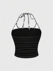 ROMWE J-Fashion Shibuya Girl Y2K Star Rhinestone Decor Halter Neck Plus Size Top - Black - View 2