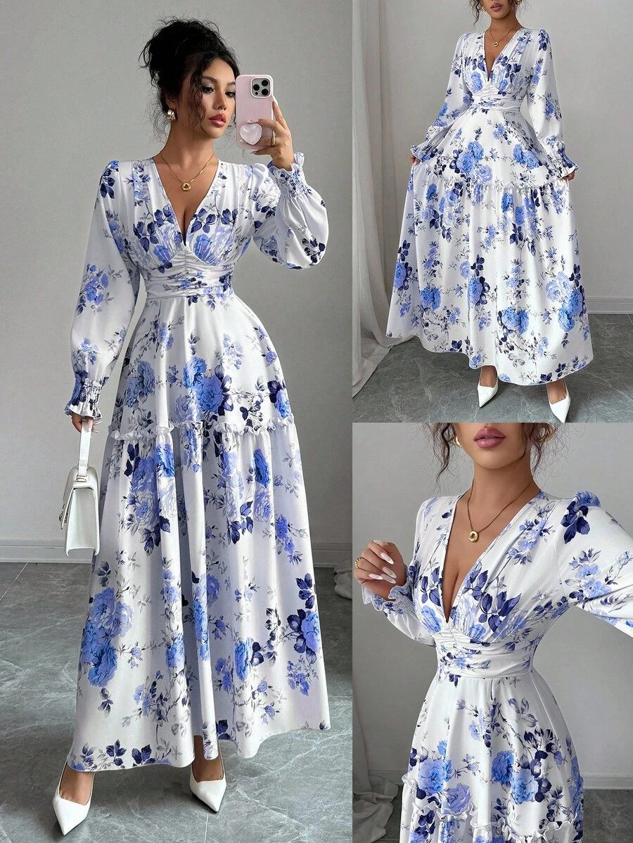 Elenzga 女式碎花灯笼袖中长连衣裙，法式浪漫设计，修身腰身，性感V领，适合约会、派对，可与夹克叠穿 - 藍色 - 查看 1