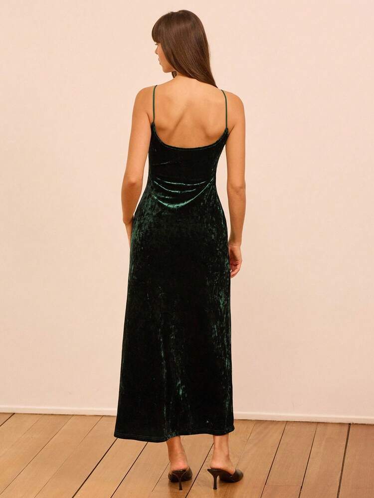 Samt-Maxikleid mit transparentem V-Ausschnitt, Ausgehoutfit für Herbst, Frauenkleidung für Herbst und Winter