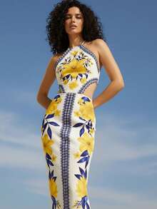 CAJUNI Vestido largo de verano con estampado brasileño en azul y amarillo, con escote halter, espalda descubierta y cintura con lazo para mujer