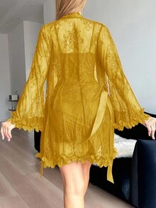 Seduluxe 2 件套 3D 花卉蕾丝睡袍 + 鱼骨腰部设计蕾丝吊带睡袍 - 黃色 - 查看 2