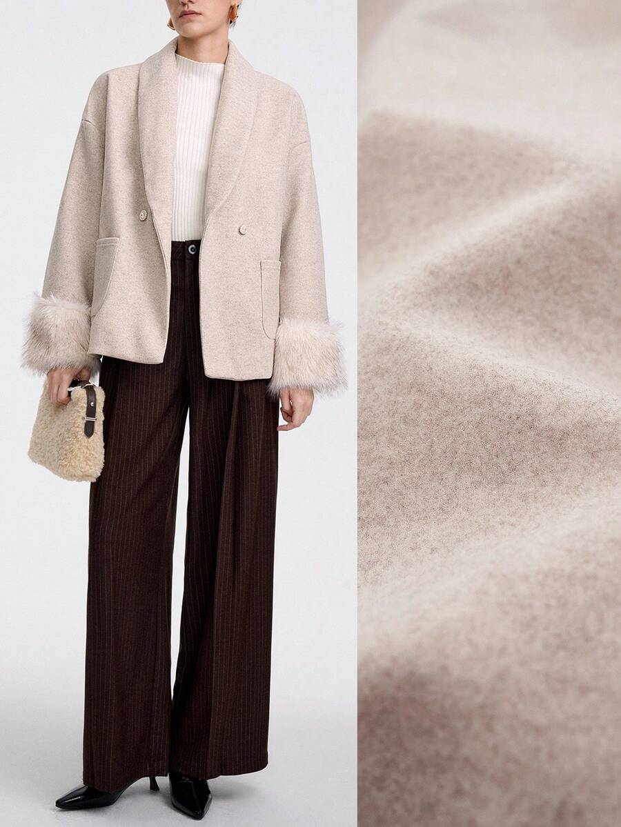 SHEIN LUNE 女士通勤高端毛绒袖口宽松腰部外套 - 卡其色 - 查看 1