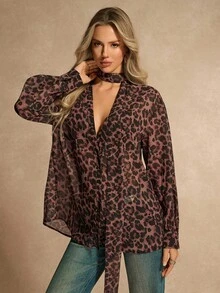 Almamuse Women's Elegant Office Commute Long Sleeve Chiffon Shirt With Scarf And Deep V Neckline - Brown - View 5