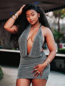 PeachySprinkles Women's Deep V Backless Halter Metallic Mini Dress