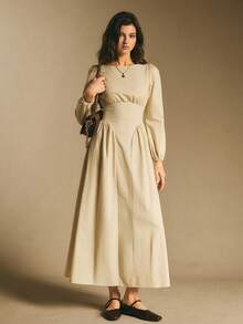 Poéselle Leinenkleid, Langarmkleid, Maxikleid, Damen-Maxikleid mit langen Ärmeln und Empire-Taille – Cottagecore-Präriekleid mit Puffärmeln, Cottagecore-Kleid, Präriekleid, Maxikleid mit Puffärmeln, Empire-Taille-Kleid, neutrale Ästhetik, langes Herbstkleid, Vintage-inspiriertes Kleid, einfarbiges Damenkleid mit Rundhalsausschnitt, Laternenärmeln und taillierter Taille, elegant, geeignet für den Alltag, zum Ausgehen, Pendeln, für den Urlaub, zu Hause und andere Anlässe, Herbst/Winter - Khaki - Übersicht 7