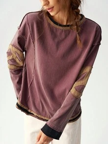 Bohemela Sudadera informal de talla grande con bloques de color y parches - Morado - Ver 10