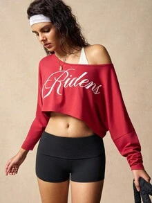 VARSIVA 女式字母印花长袖短款运动T恤 - 紅色 - 查看 3