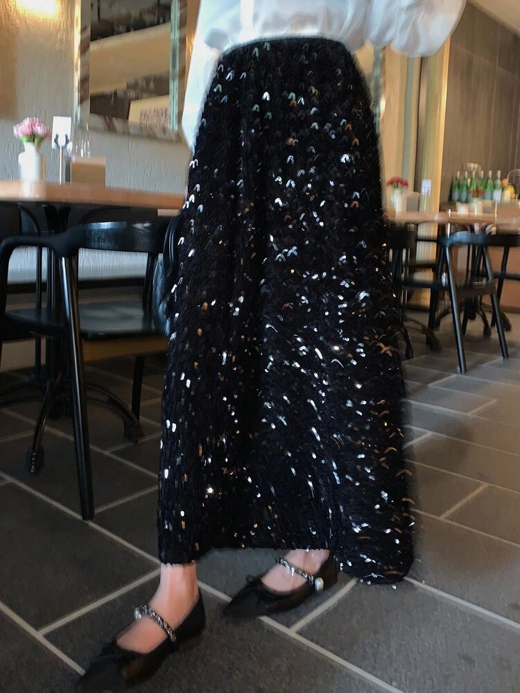Women's Sequin Embellished Solid Color Elegant A-Line Skirt,New Year Winter Women Skirts Carnival