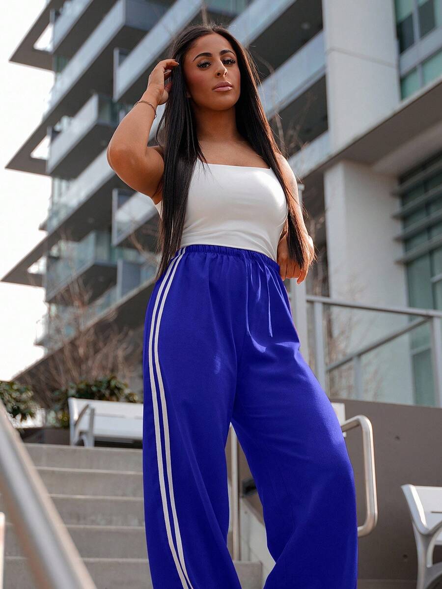 SAYEHFBABY Women's Casual Side Stripe Drawstring Relaxed Straight Pants Fall Cloth For Women - Royal Blue - View 1