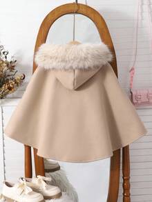 SHEIN 一件少女斗篷外套，带可拆卸帽子和人造毛领，优雅甜美，适合日常、度假和各种活动穿着。