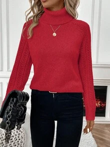 EMERY ROSE Women's Casual Daily Commute Simple Solid Color High Neck Pointelle Knit Raglan Sleeve Pullover Sweater, Autumn/Winter, Christmas