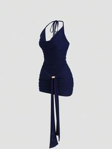 Sweetra Sexy Turtleneck Metal Buckle Ruched Backless Halter Dress - Navy Blue - View 3