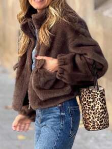 Solivie Women's Casual Loose Faux Fur Collar Long Sleeve Coat, Solid Color, In Autumn/Winter,Fall