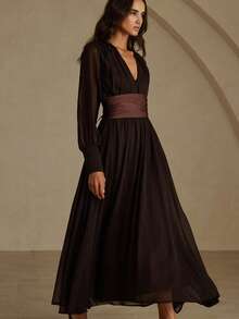 Aveloria Modichic European & American Style V-Neck Satin Belt Fashion Versatile Commuting Flared Long Sleeve Dress, Autumn/Winter