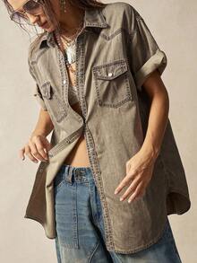 Bohemela Women's Casual Solid Color Loose Woven Shirt - Khaki - View 1