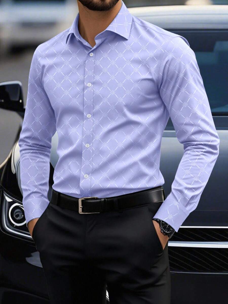 Manfinity Mode Men Button Down Long Sleeve Slim Fit Business Formal Dress Shirt, Business Casual Luxury Shirts, Fall - Mauve Purple - View 1