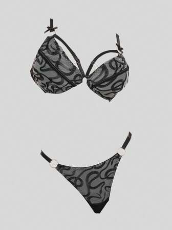 Gothic Snake Skin Embroidered Bralette And Thong Lingerie Set, Sexy And Intimate