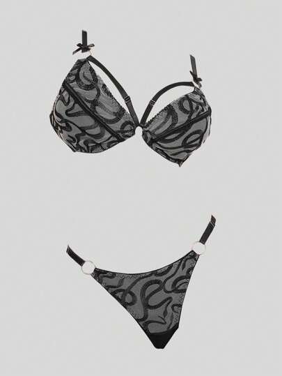 Gothic Snake Skin Embroidered Bralette And Thong Lingerie Set, Sexy And Intimate