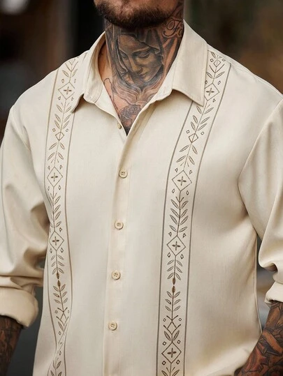 Manfinity Homme 男士印花长袖衬衫领夹克和裤子套装，适合正式或休闲场合，带有独特的腰带，休闲、度假、餐饮、简约办公、休闲家居百搭风格，是送给男朋友或丈夫的最佳礼物，秋季服装