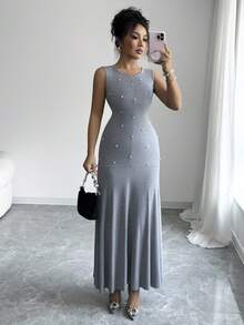 SHEIN Elenzya Women's New Gray Elastic Knit Round Neck Sleeveless Waist Cinched A-Line Fish Tail Hem Fitted Maxi Dress With Handcrafted Pearl Detail, Elegant Casual Versatile Everyday Wear, Minimalist Commute Fashion, Autumn/Winter - Grey - View 3