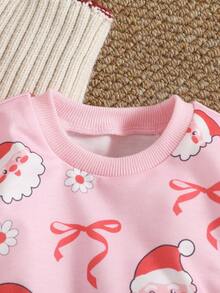 Playful Pals 2件套女婴圣诞老人蝴蝶结印花长袖运动衫和裤子套装 - 粉色 - 查看 8