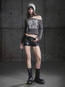 Bloopia 秋季万圣节不对称领字母印花短款针织上衣 - 灰色 - 查看 3