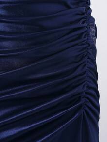 Tween Girl Elegant Minimalist Sophisticated High Waist Long Dress With Square Neck, Waist Cinching Design, Satin Fabric, Suitable For Graduation, Prom, Christmas Party, Formal Occasions, Navy Blue