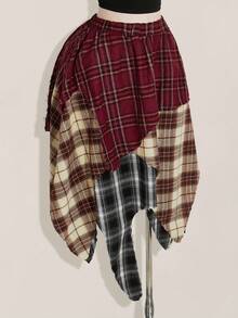 SHEIN ICON 女士加大码性感大胆前卫时尚个性化千禧风格Y2K返校季复古格子拼接不对称下摆松紧腰多层半身裙 - 彩色 - 查看 6