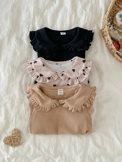 SHEIN 3pcs Baby Girls Elegant Peter Pan Collar Striped Long Sleeve T-Shirt, Cute & Fashionable For Home, Outdoor, Vacation, All Seasons