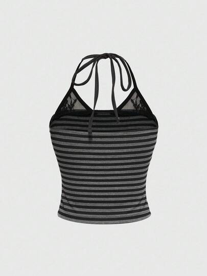 ROMWE Avant Camiseta de mujer con estampado de rayas, encaje y decoración con estampado de pata en estilo retro y sexy para festivales de música rave