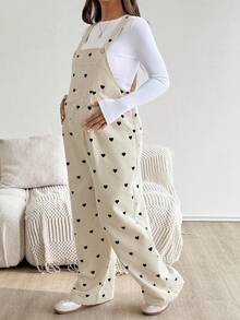 SHEIN 孕妇休闲时尚学院风满心印花灯芯绒连体裤，秋季