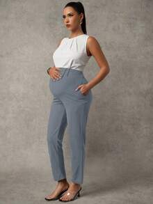 MaterniChic Maternity Casual Solid Color Adjustable Waist Pants With Slant Pockets - Grey - View 4