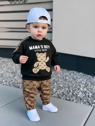Baby Boy/Girl Cute Vintage Style Bear Pattern Long Sleeve Crew Neck Sweatshirt And Pants Set, Comfortable And Fashionable, Suitable For Indoor, Outdoor, Daily Wear, Sports, Play, Party, Photo Shoot, Holiday, All Seasons Autumn/Winter Boys Sweatsuits Set Hoodie And Sweatpants Set Boys 2 Piece Outfit Back To School Clothes  First Day Of School Boys Tracksuit Baby Boy Outfit Set Teddy Bear Baby Boy Clothes Mamas Boy Outfit Baby Boy Casual Wear Baby Boy Bear Outfit Toddler Boy Outfit Baby Boy Cool O Fall