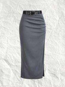 SHEIN EZwear Plus Split Thigh Belted Skirt - Dark Grey - View 1