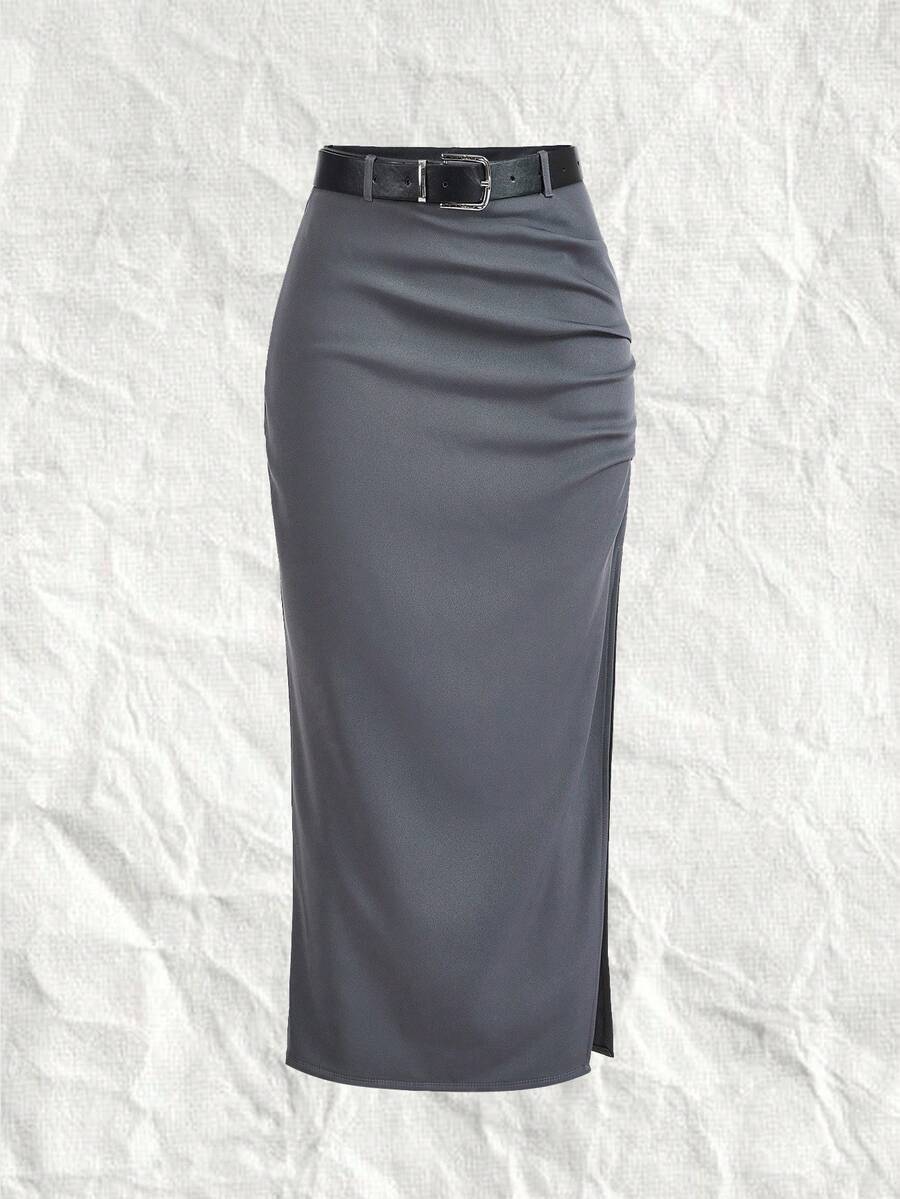 SHEIN EZwear Plus Split Thigh Belted Skirt - Dark Grey - View 1
