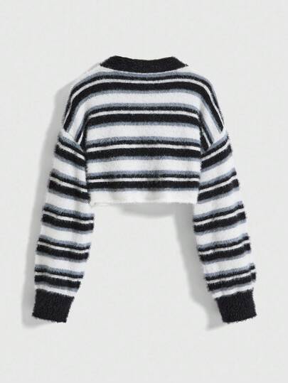 Pull court rayé en velours faux-vison, automne/hiver 2025. Top tricoté doux à taille haute dévoilant le ventre, pour femmes à la mode