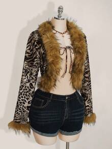 SHEIN ICON Plus Size Leopard Print Fur Collar Decor Vintage Cardigan Jacket, Y2K Retro Leopard Print Jacket Autumn Winter Clothes For Women - Multicolor - View 5