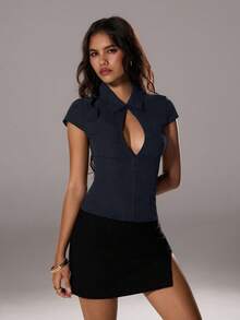 TRNVIE Summer Elegant Commuter Women's Hollow Out Sexy Button Collar Office Mermaid Style Short Sleeve Blouse - Royal Blue - View 5