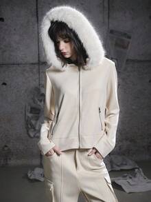 Bloopia Retro American Sporty Casual Street Style Women's Patchwork Faux Fur Collar Loose Zip-Up Hoodie Jacket, Suitable For Autumn/Winter And Halloween - Apricot - View 4