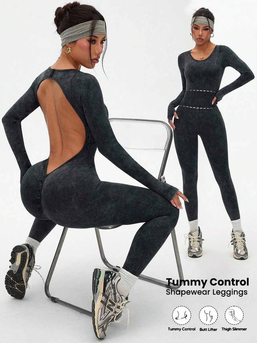 Slayform Slayform Dark Gray Women's Round Neck Long Sleeve Open Back Sports Bodysuit, Seamless Tummy Control, Frosted Jumpsuit Suitable For Exercise And Going Out - Dark Grey - View 1