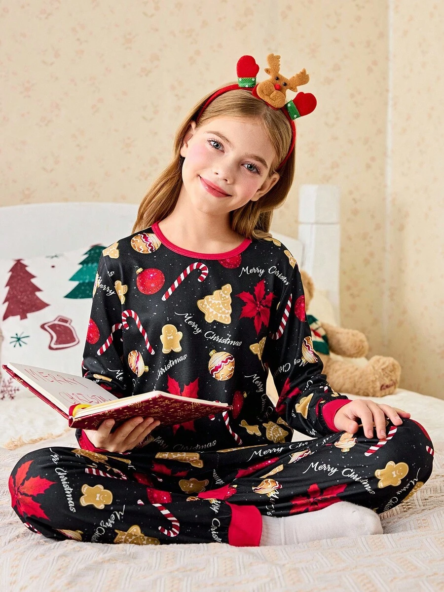 Girl's Cute Christmas Sleep Set,Autumn Black And Red Christmas Tree Cookies Printed Pattern Long Sleeved Contrasting Collars Tops And Matching Pants - Black - View 1