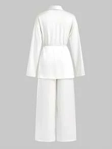 Maija Bộ đồ thu 2025 cho nữ, áo cardigan tay dài buộc dây phía trước bằng vải satin vân chéo màu trơn và quần co giãn cạp chun, phù hợp mặc trong lễ hội âm nhạc, tiệc tùng, công sở, trang phục công sở, áo cánh thanh lịch - trắng - Xem 10