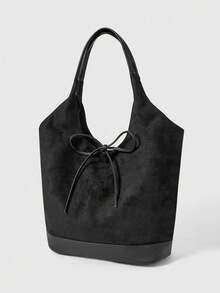 ROMWE Kawaii 1 pièce Sac fourre-tout à l'épaule et PU pour femmes, mode vintage, grande capacité, nœud papillon, fermeture magnétique, convient aux adolescentes, étudiantes et navetteurs - parfait pour le bureau, l'école, le travail, les affaires, les voyages, l'extérieur, sac à main - Noir - Voir 2