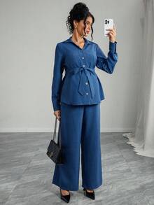 SHEIN 2pcs Maternity Set: Long Sleeve Shirt With Collar, Front Pockets, Button Front, Waist Tie; Wide Leg Pants With Waistband And Pockets