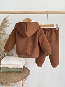 SHEIN 1 套男童休闲连帽服装，棕色恐龙刺绣夹克 + 松紧袖口裤子，秋冬 - 棕色 - 查看 2